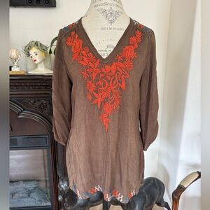 Johnny Was chocolate brown Embroidered Tunic Top Size XS